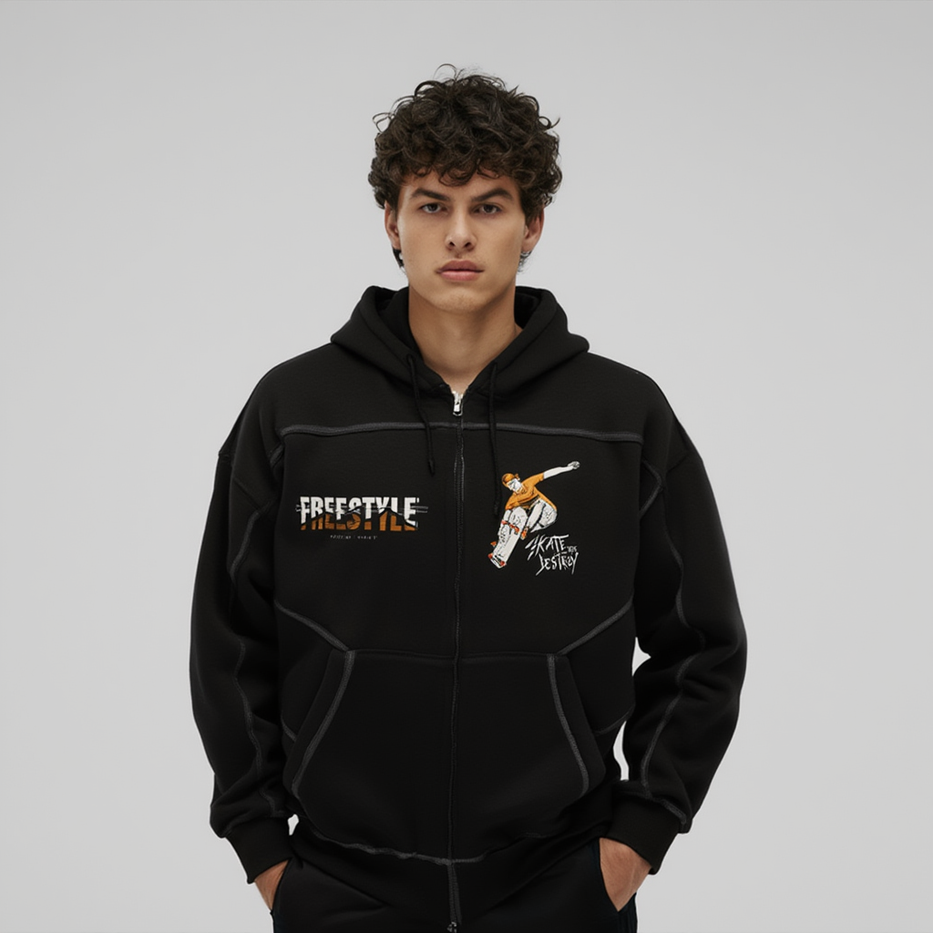 Stitched Boxy Fleece Zip Hoodie