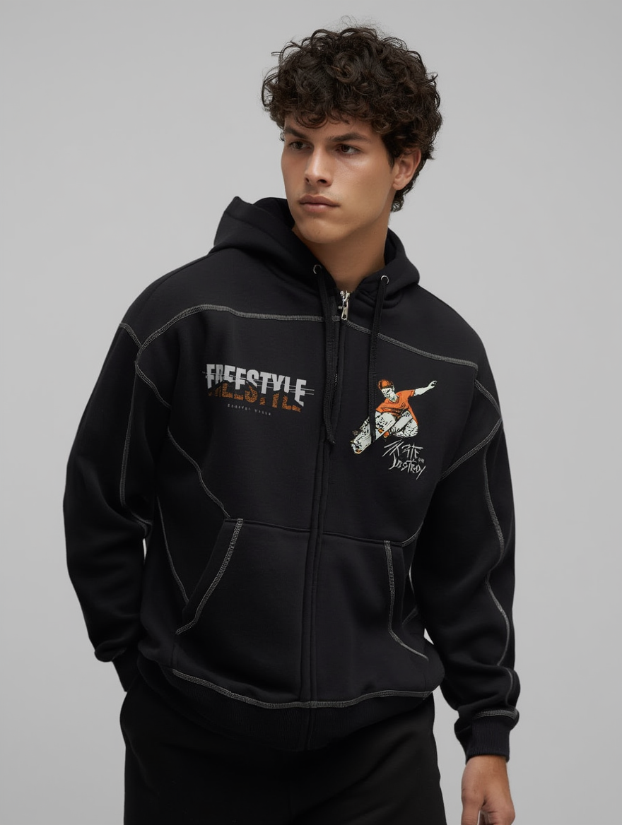 Stitched Boxy Fleece Zip Hoodie