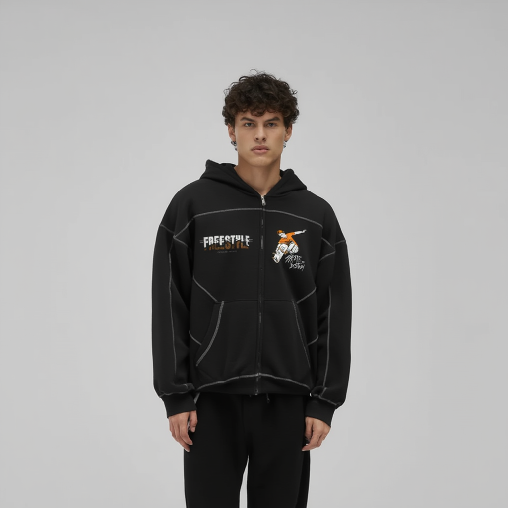 Stitched Boxy Fleece Zip Hoodie